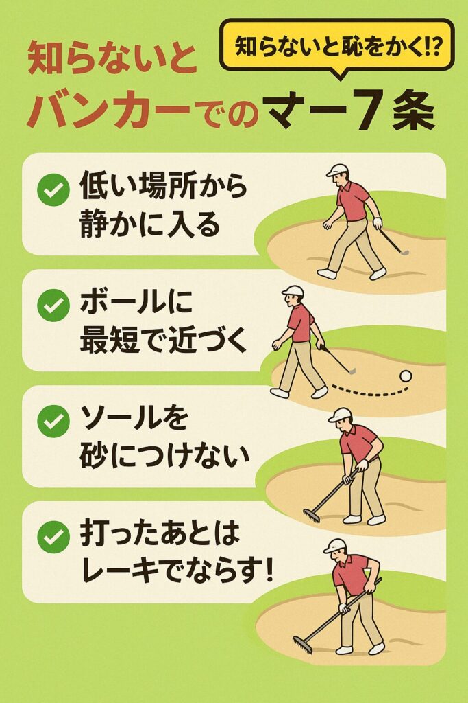 ゴルフのバンカーでのマナー7か条を説明する日本語のイラスト。低い場所から入る、ボールに最短で近づく、ソールを砂につけない、打った後はレーキでならすなどがイラスト付きで描かれている。