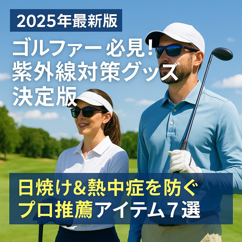 紫外線対策グッズを身につけた男女ゴルファーが夏のゴルフ場でラウンドしている様子。白い帽子・サングラス・長袖ウェアを着用し、快晴の中でも快適にプレーしている。