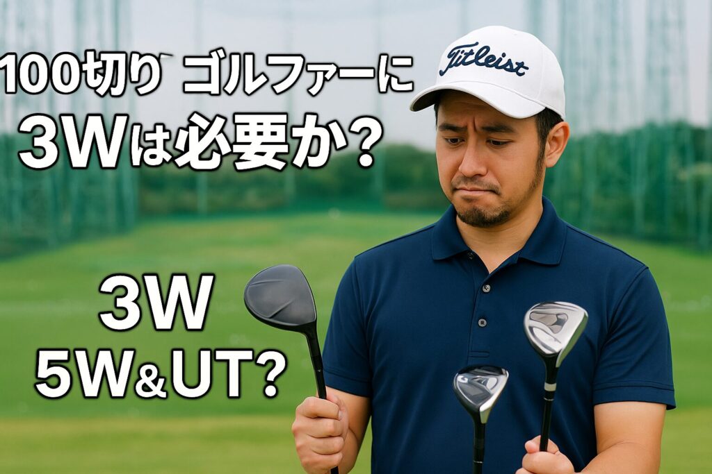 100切りを目指す男性ゴルファーが3Wと5W・UTを手に悩んでいる様子