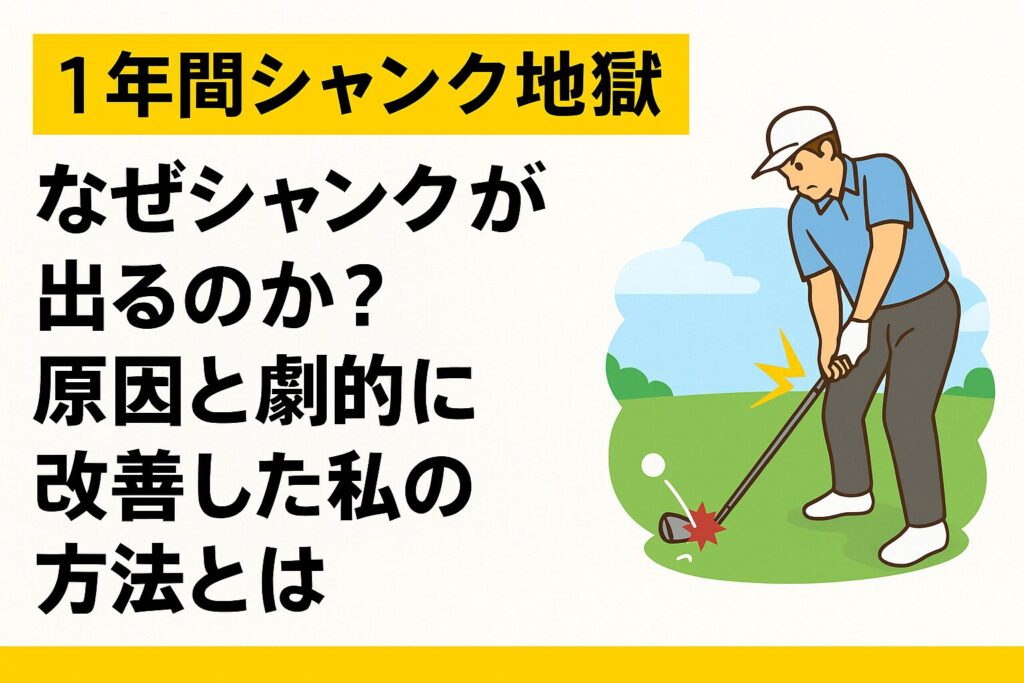 シャンクに悩むゴルファーのイラストと「1年間シャンク地獄 なぜシャンクが出るのか?原因と劇的に改善した私の方法とは」という日本語タイトルが書かれたブログ用バナー画像