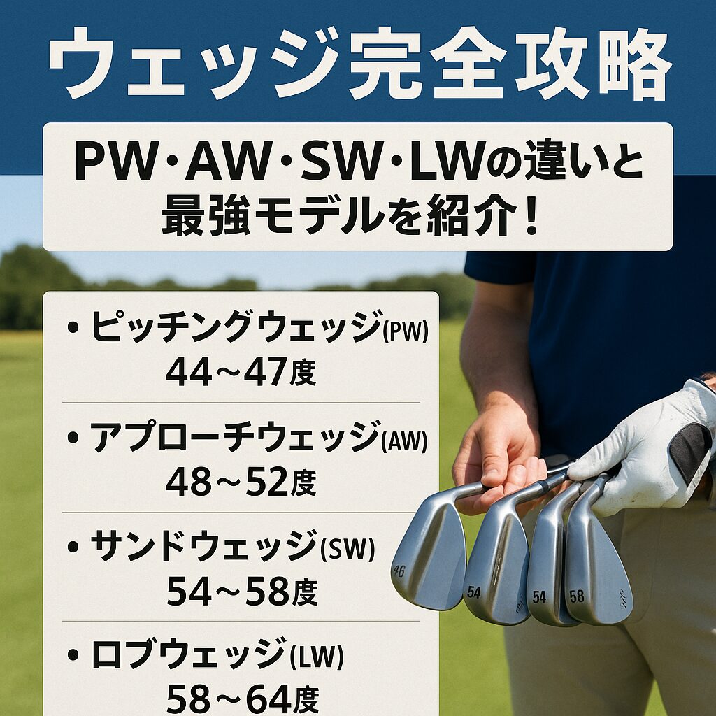 芝生の上で4本のウェッジ(PW・AW・SW・LW)を手に持つゴルファーと、それぞれのロフト角と用途を解説した日本語のインフォグラフィック