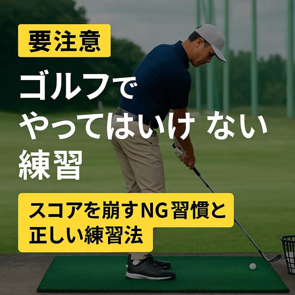 ゴルフ練習場でクラブを握る男性と、『ゴルフでやってはいけない練習』『スコアを崩すNG習慣と正しい練習法』のテキストが入ったデザイン画像