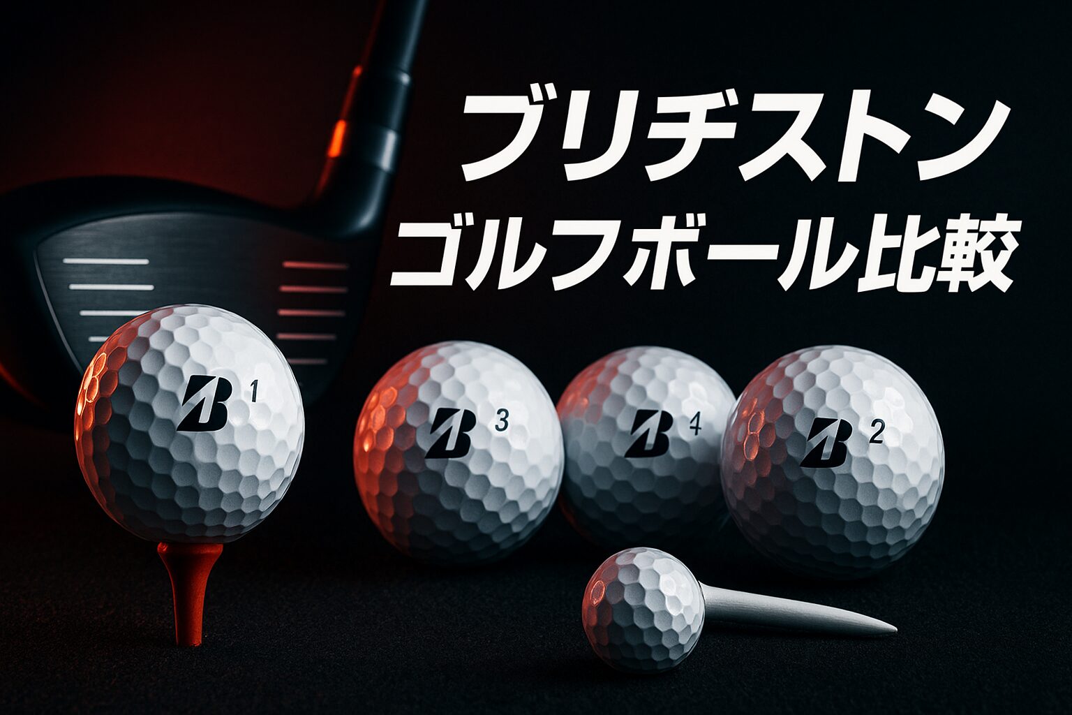 黒と赤のクールな背景に、ティーに乗ったゴルフボールとドライバーが構えられているアイキャッチ画像。ブリヂストン風の雰囲気で高性能さを表現。