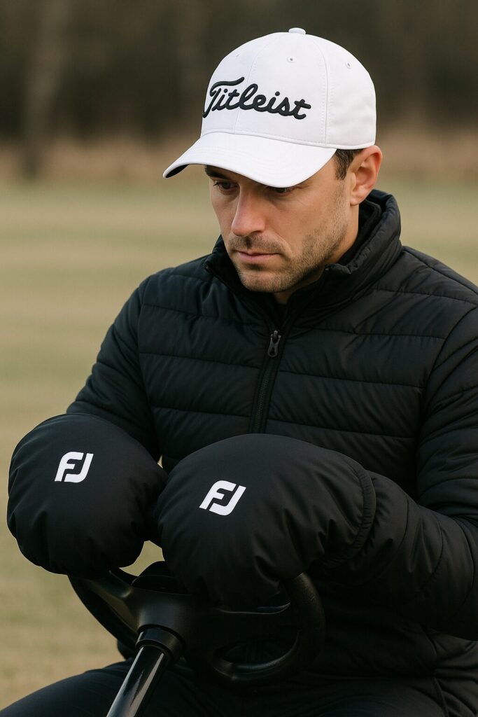 冬のゴルフ場で男性ゴルファーがカートミットを着用し、ハンドルを握りながら手を温めている様子