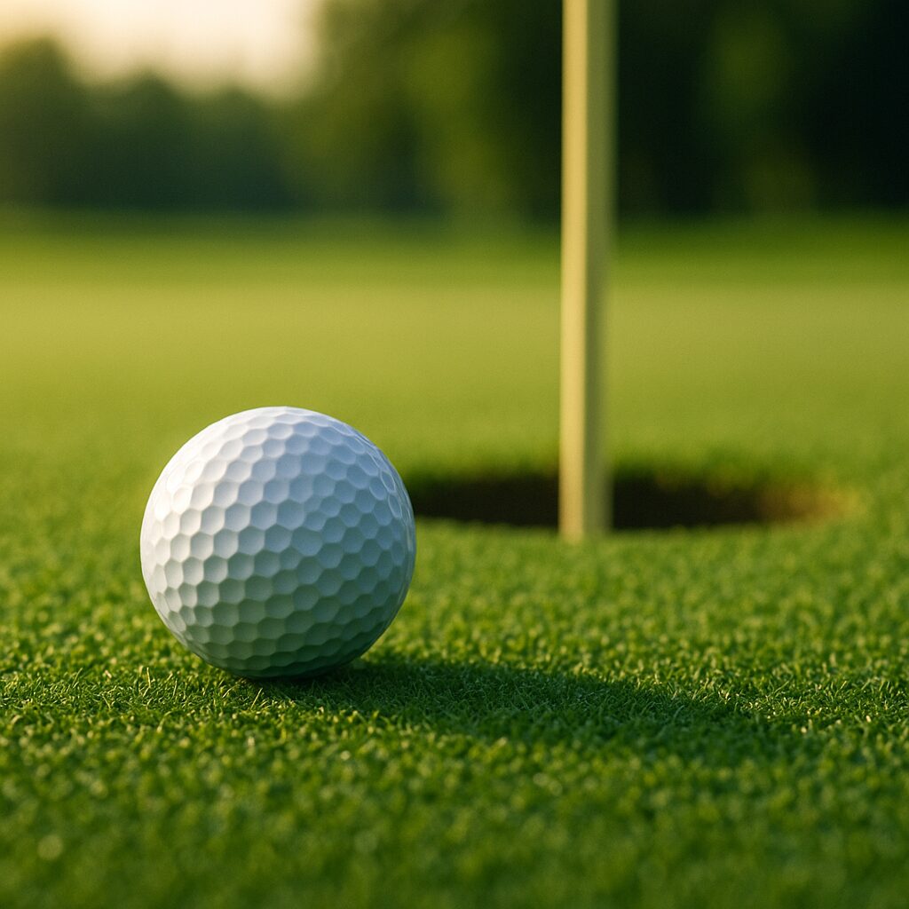 グリーン上でカップの近くに止まったゴルフボールの接写写真。柔らかな光に照らされ、高級感のあるディンプルが鮮明に写っている。