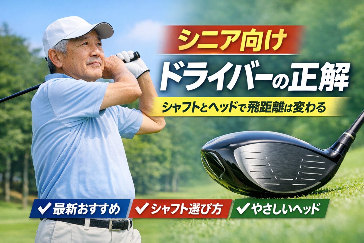 日本人シニアゴルファーがドライバーショットを打つ様子と、シニア向けドライバーの選び方を解説するアイキャッチ画像