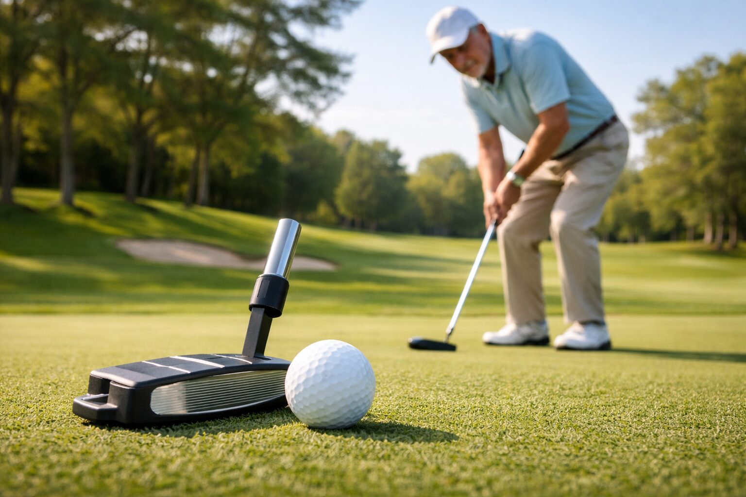 50代シニアゴルファーがグリーン上でパターを構えている様子。パターの重要性と選び方を解説する記事のアイキャッチ画像。