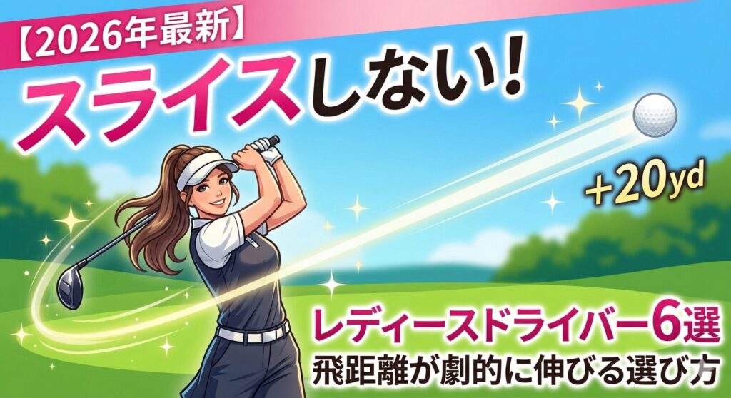 【2026年最新】スライスしないレディース向けドライバーおすすめ6選。飛距離アップを目指して美しい弾道でスイングする女性ゴルファーのイラスト