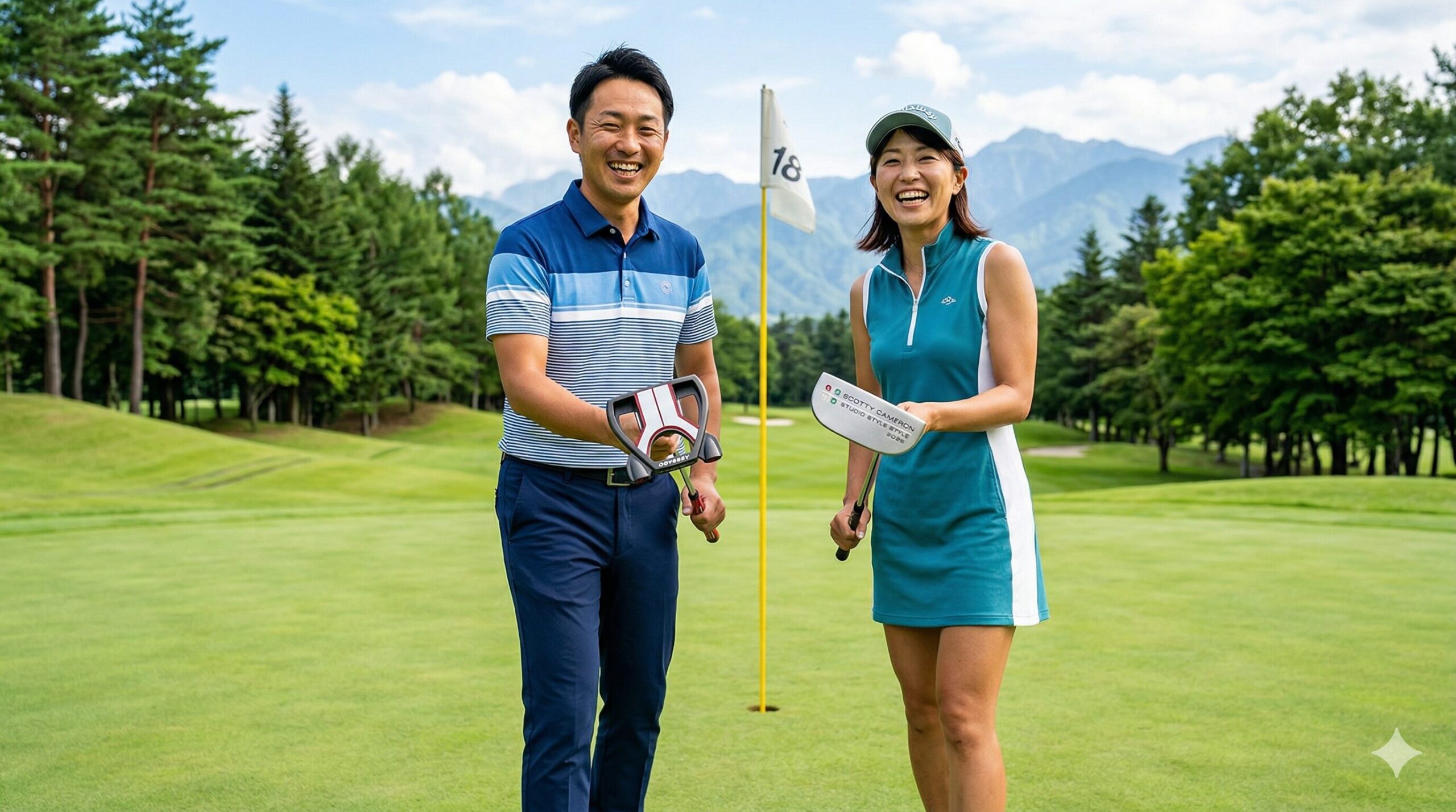 緑豊かなゴルフコースの18番ホールグリーンで、笑顔で最新のパター（マレットとピン型）を見せる日本人夫婦（kensanとmiyuki）。背景には山並みと森。画像には日本語テキスト『【2026最新】スコア劇的アップ！ パター選びの極意』がオーバーレイされている。