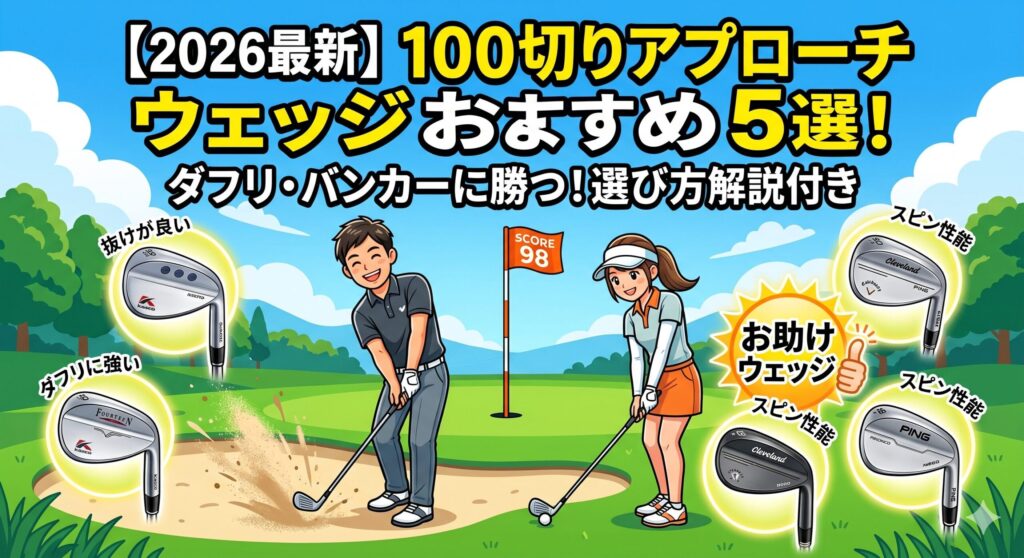 ゴルフコースを背景にした、明るいカートゥーン調のイラスト。上部には「【2026最新】100切りアプローチウェッジ おすすめ5選！ ダフリ・バンカーに勝つ！選び方解説付き」と大きな文字。中央には、笑顔でバンカーショットをする男性と、アプローチショットをする女性のゴルファー。二人の間には「SCORE 98」と書かれたピンフラッグ。周囲には、Kasco、Fourteen、Cleveland、PINGの5本のウェッジヘッドが浮かび、それぞれ「抜けが良い」「ダフリに強い」「スピン性能」などの特徴ラベルが貼られている。中央右には「お助けウェッジ」のアイコンがある。