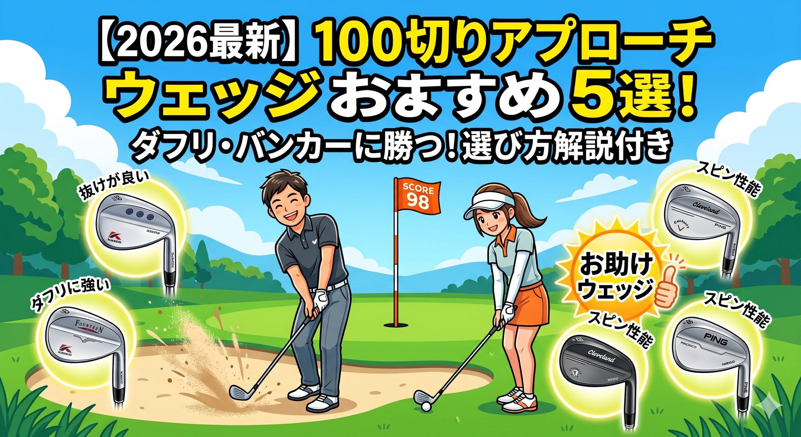 ゴルフコースを背景にした、明るいカートゥーン調のイラスト。上部には「【2026最新】100切りアプローチウェッジ おすすめ5選！ ダフリ・バンカーに勝つ！選び方解説付き」と大きな文字。中央には、笑顔でバンカーショットをする男性と、アプローチショットをする女性のゴルファー。二人の間には「SCORE 98」と書かれたピンフラッグ。周囲には、Kasco、Fourteen、Cleveland、PINGの5本のウェッジヘッドが浮かび、それぞれ「抜けが良い」「ダフリに強い」「スピン性能」などの特徴ラベルが貼られている。中央右には「お助けウェッジ」のアイコンがある。