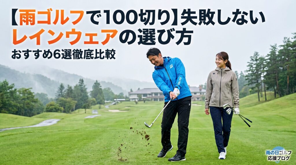 霧深い雨のゴルフコースで、笑顔でプレーする日本人カップルの写真。男性が力強いスイングをしており、泥と水が跳ね上がっている。上部には「【雨ゴルフで100切り】失敗しないレインウェアの選び方 おすすめ6選徹底比較」という日本語のブログタイトルが重なっている。