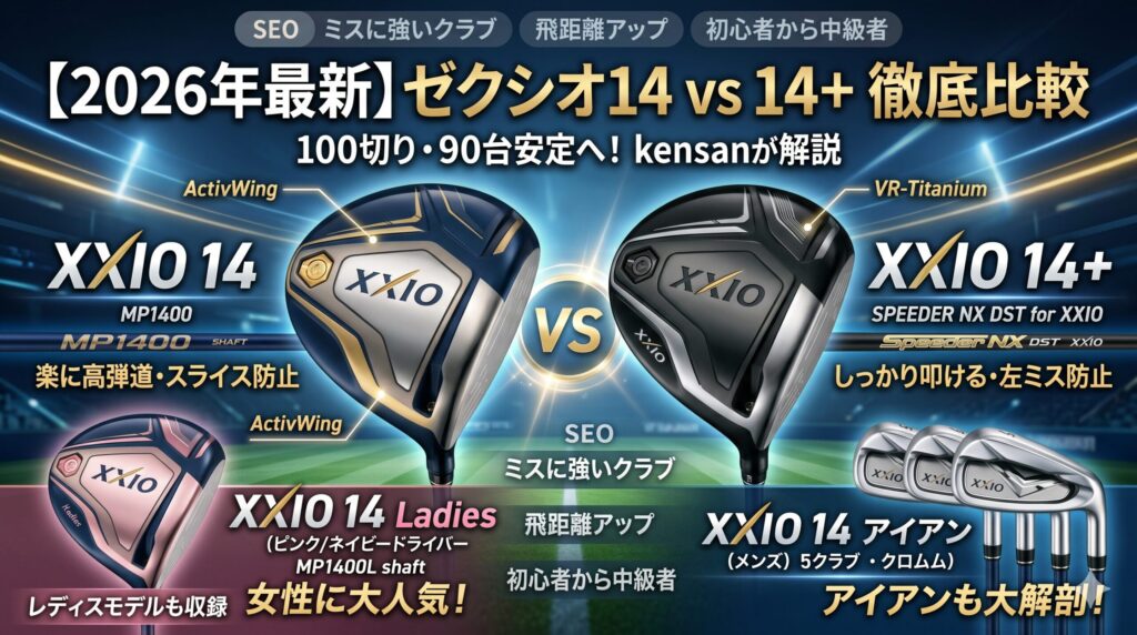 2026年最新モデルのゼクシオ14(XXIO 14)とゼクシオ14プラス(XXIO 14+)のドライバーを比較するアイキャッチ画像。スライスを防ぎ高弾道で飛ばすゼクシオ14、左のミスを防ぎしっかり叩ける14+の特徴のほか、女性に人気のレディスモデルやアイアンセットも紹介しています。