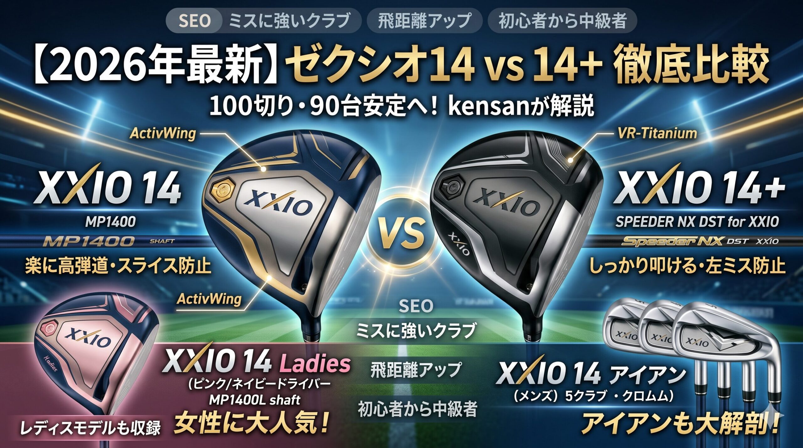 2026年最新モデルのゼクシオ14（XXIO 14）とゼクシオ14プラス（XXIO 14+）のドライバーを比較するアイキャッチ画像。スライスを防ぎ高弾道で飛ばすゼクシオ14、左のミスを防ぎしっかり叩ける14+の特徴のほか、女性に人気のレディスモデルやアイアンセットも紹介しています。